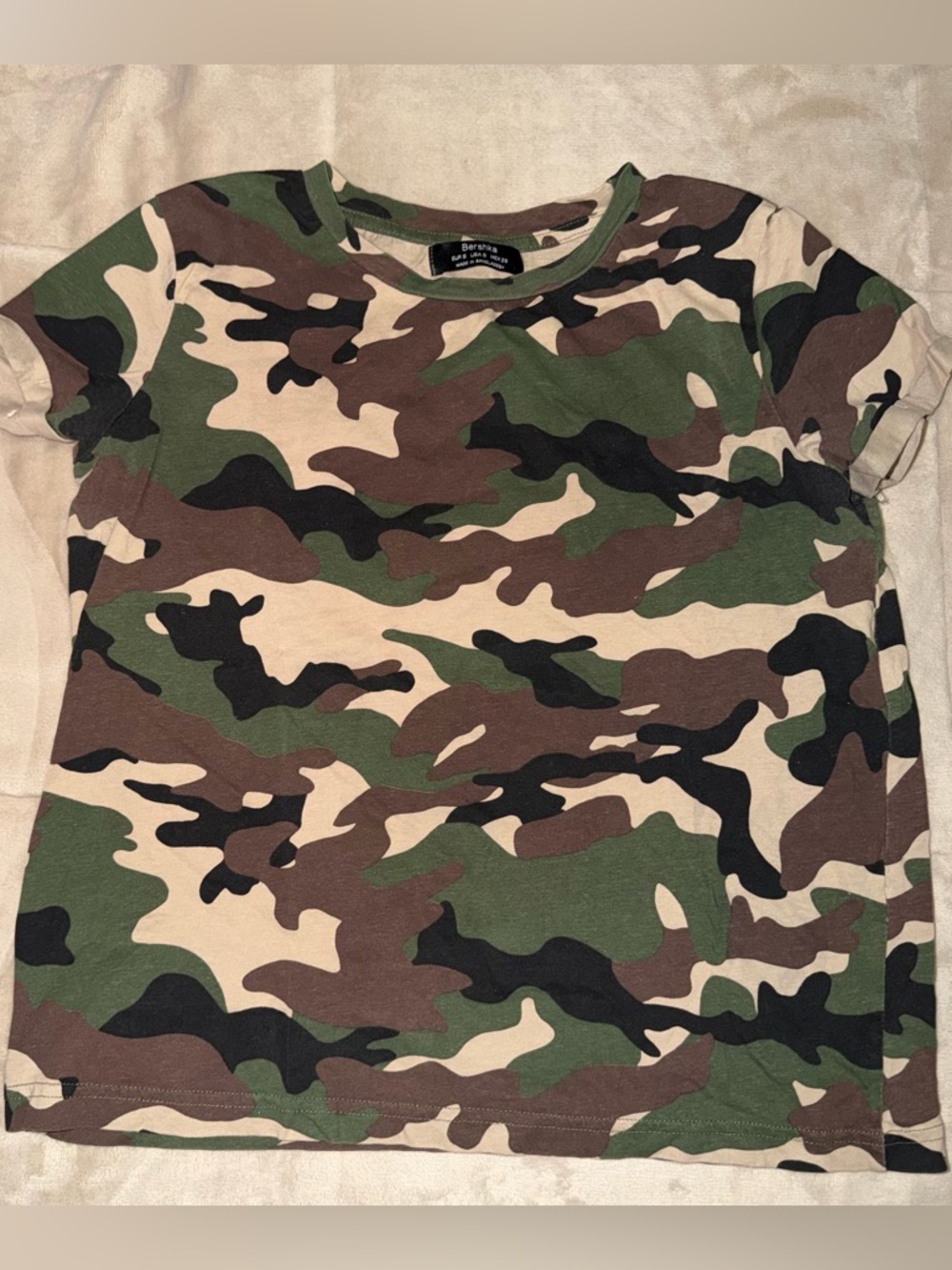 Bershka Women's Camouflage Short Sleeve Tee - Green Brown Black